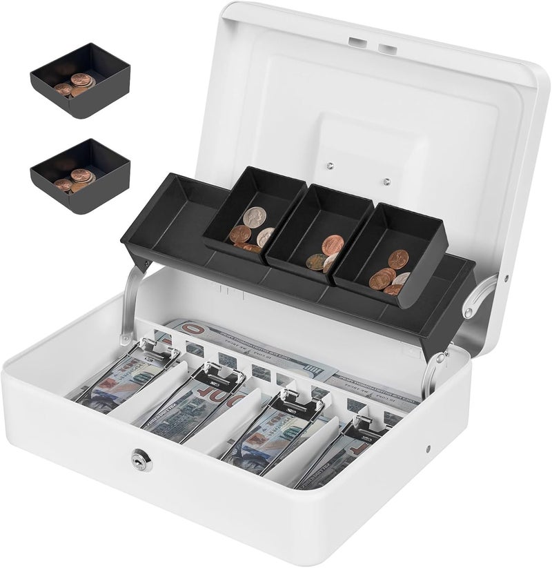 Sgorlds Cash Box Key Lock on Side, Cash Box with Money Tray & Key Lock 4 Bill 5 Coin Slots,Large Safe Lock Box with Key,Metal Money Saving Organizer for Security 11.8L x 9.5W x 3.5H Inches, White - Image 1